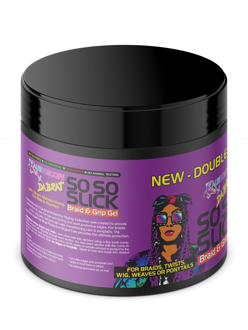 Kaleidoscope Miracle Drops So So Slick Braid Gel edges smoothing close-up for sleek edges.