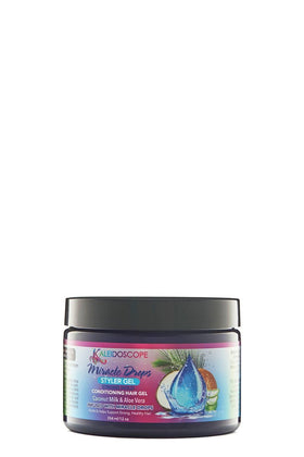 KALEIDOSCOPE MIRACLE DROPS Styler Gel bottle highlights hydrating formula for lasting hold.