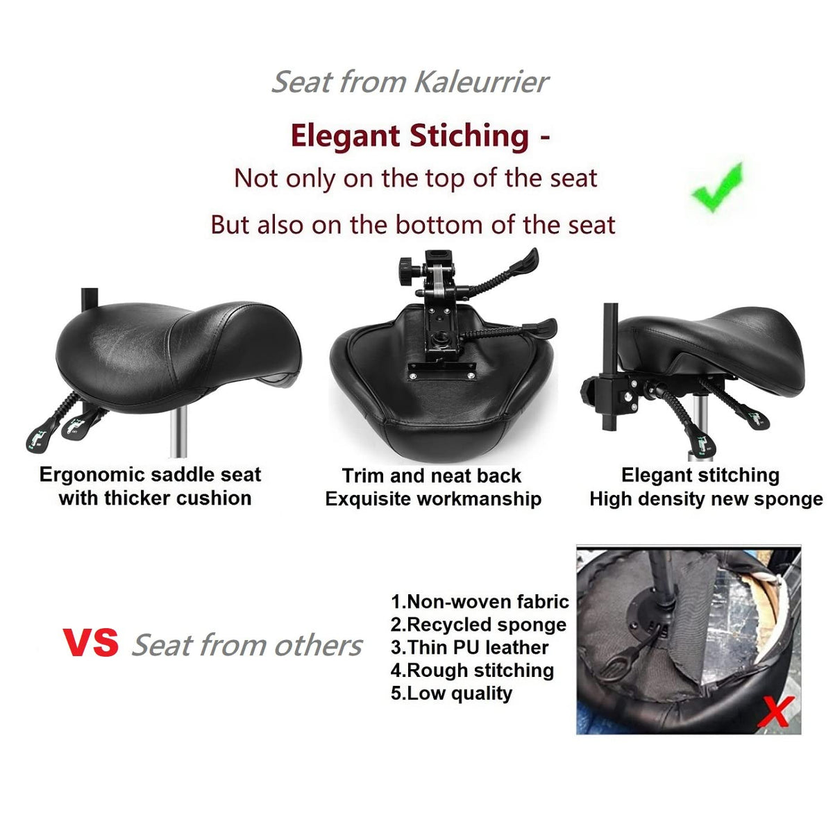 Kaleurrier Saddle Stool durable vinyl surface resists water and oil spills.