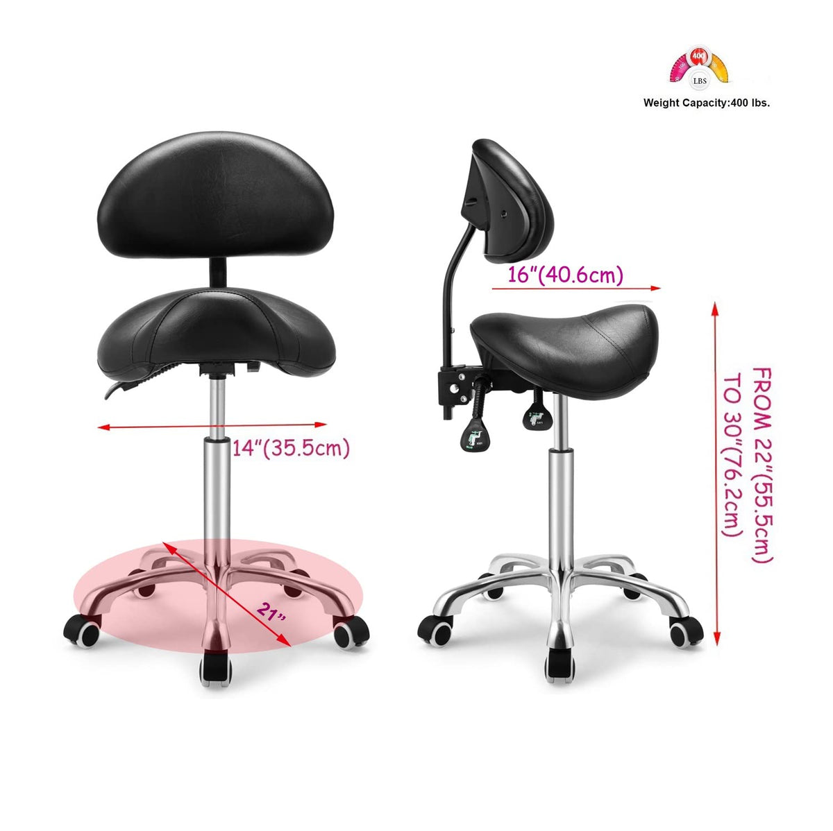 Kaleurrier Saddle Stool gas lift adjusts height from 22 to 30 inches.