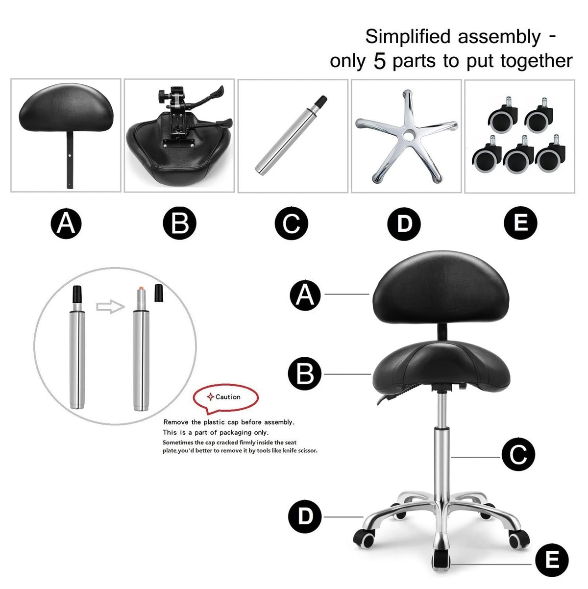 Kaleurrier Saddle Stool 5-star base supports up to 350 pounds.