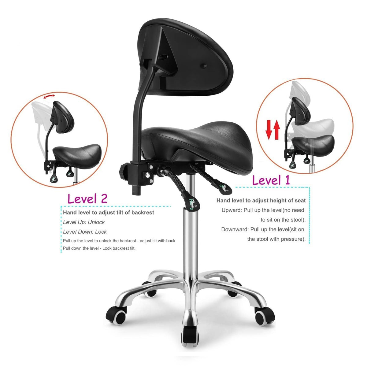 Kaleurrier Saddle Stool reinforced wheels enable easy mobility.