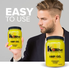 KALIVE 2 STYLE gel in hand, demonstrating strong hold for a clean look