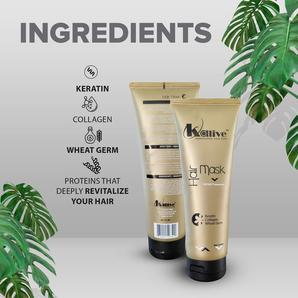 KALIVE 2 STYLE hair mask ingredients closeup with keratin and collagen for strength.