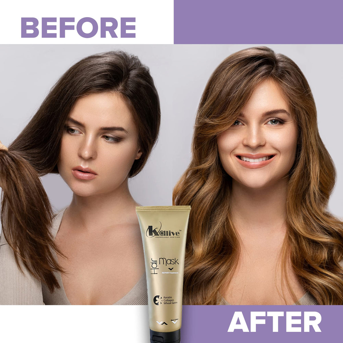 KALIVE 2 STYLE hair mask smooth shine result on hair.