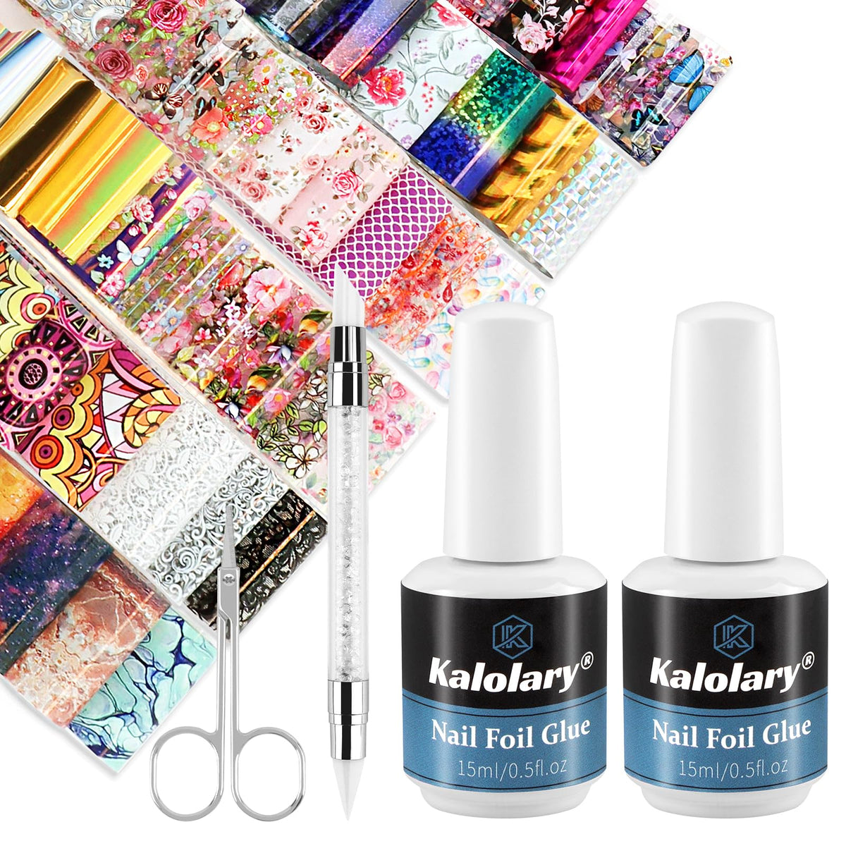 Kalolary nail foil stickers set with holographic designs for stunning nails.