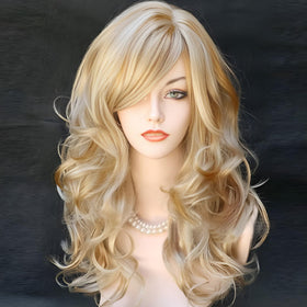 Kalyss Blonde Wig with Bangs showing long curly waves for natural-looking hair.