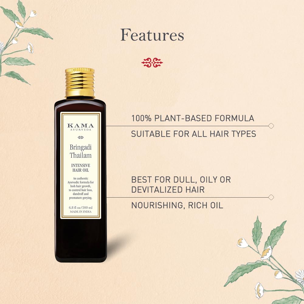 Bringadi Tailam drops on scalp by Kama Ayurveda for nourishing care.