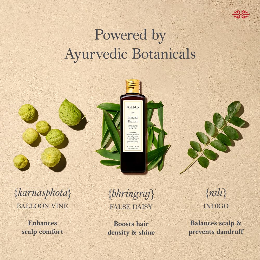 Kama Ayurveda Bringadi Tailam oil for hair application showing nourishing properties.