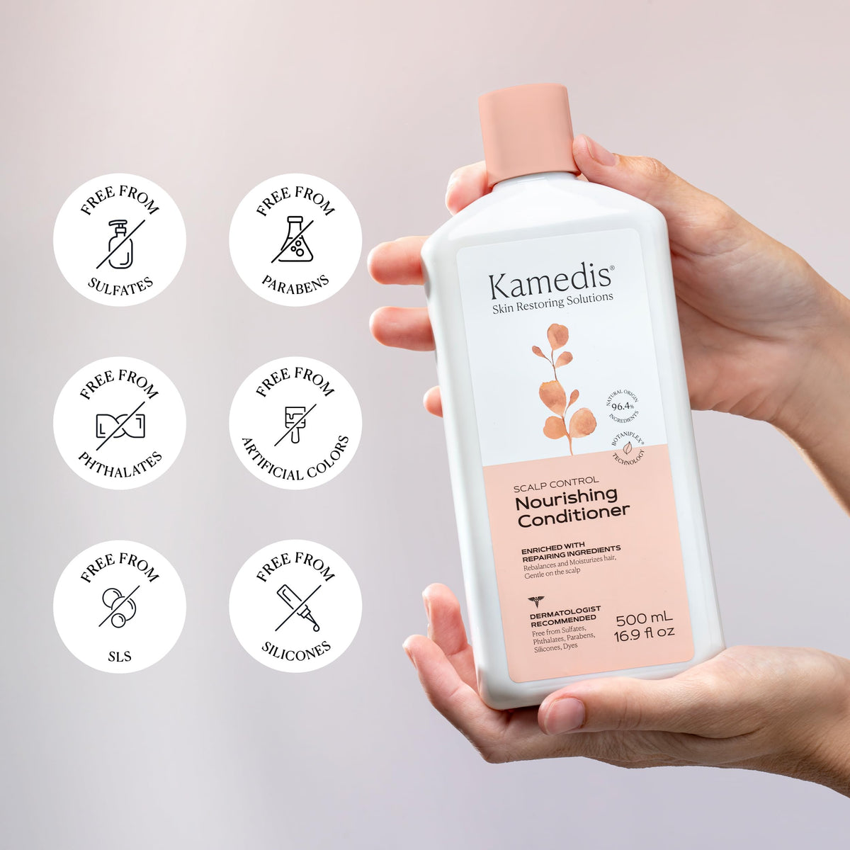 KAMEDIS conditioner label emphasizes a free-from formula for sensitive scalps.