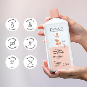 KAMEDIS conditioner label emphasizes a free-from formula for sensitive scalps.