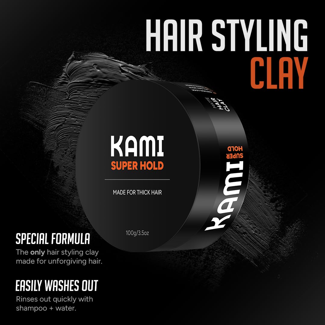 Kami Hair Clay long-lasting hold image emphasizes non-greasy finish.