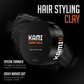 Kami Hair Clay long-lasting hold image emphasizes non-greasy finish.