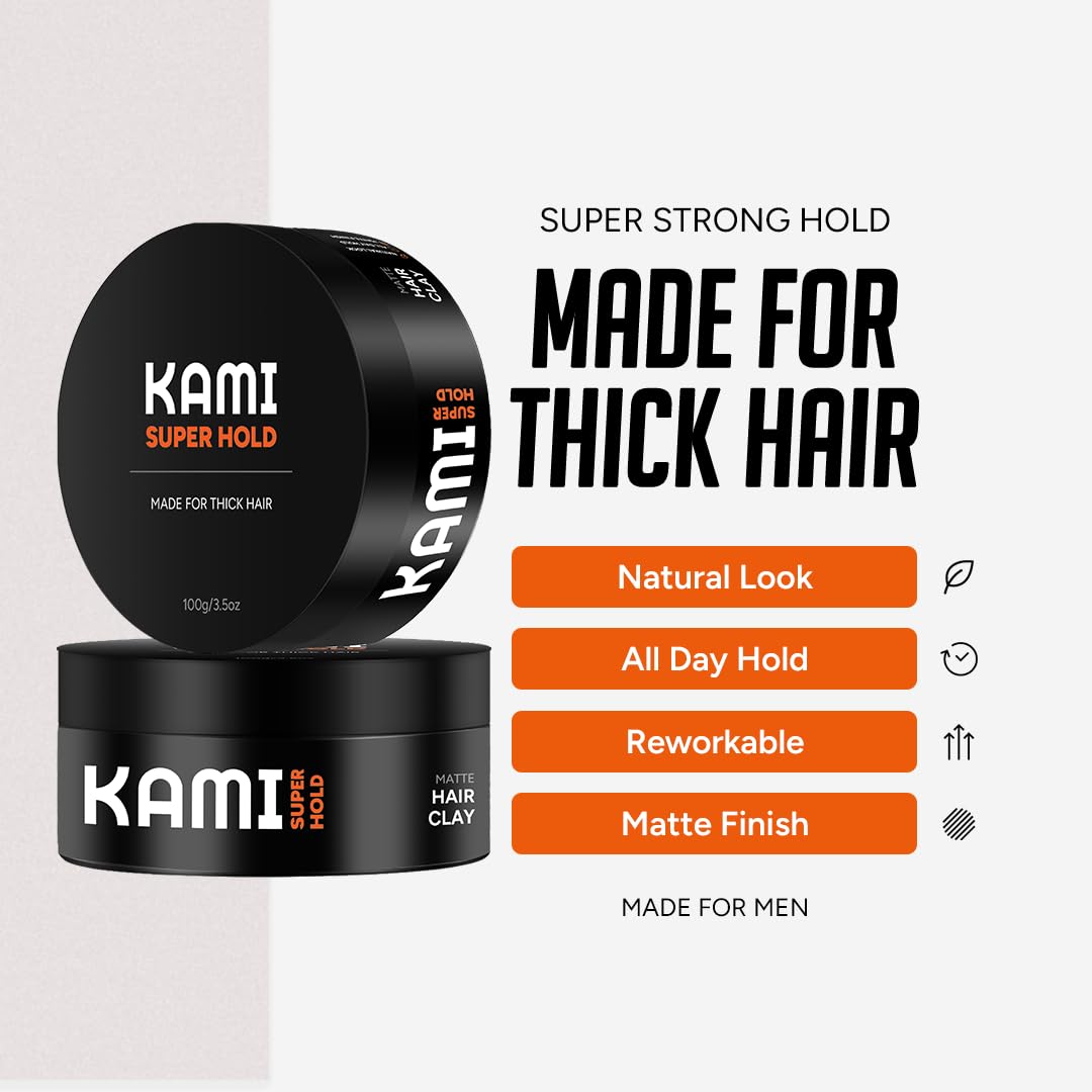 Kami Hair Clay for Men matte finish on hair delivers natural texture.