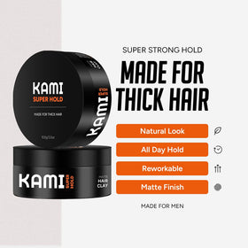 Kami Hair Clay for Men matte finish on hair delivers natural texture.