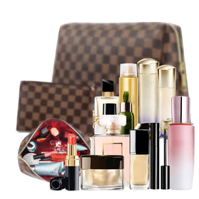 Kancehinage large brown leather makeup bag, ideal for full-size cosmetics on the go.