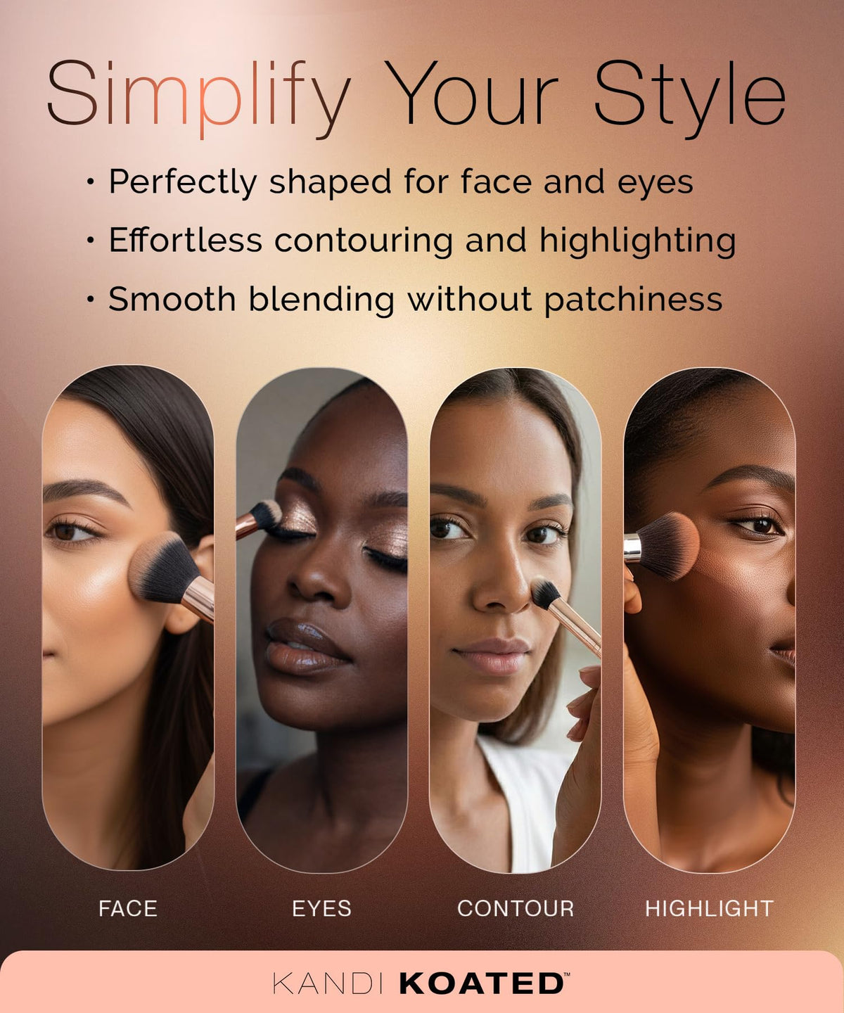 Kandi Koated powder brush delivers even setting for a soft finish.