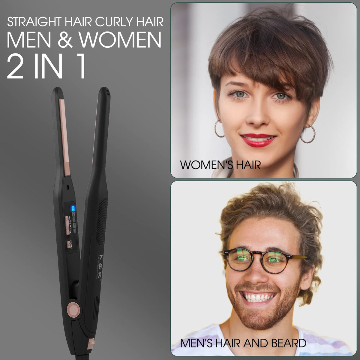 K&K Mini Flat Iron 8 ft swivel cord for comfortable styling.
