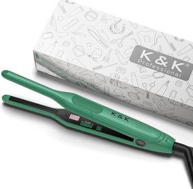 K&K mini flat iron showing 3/10 inch plates for precise short-hair styling