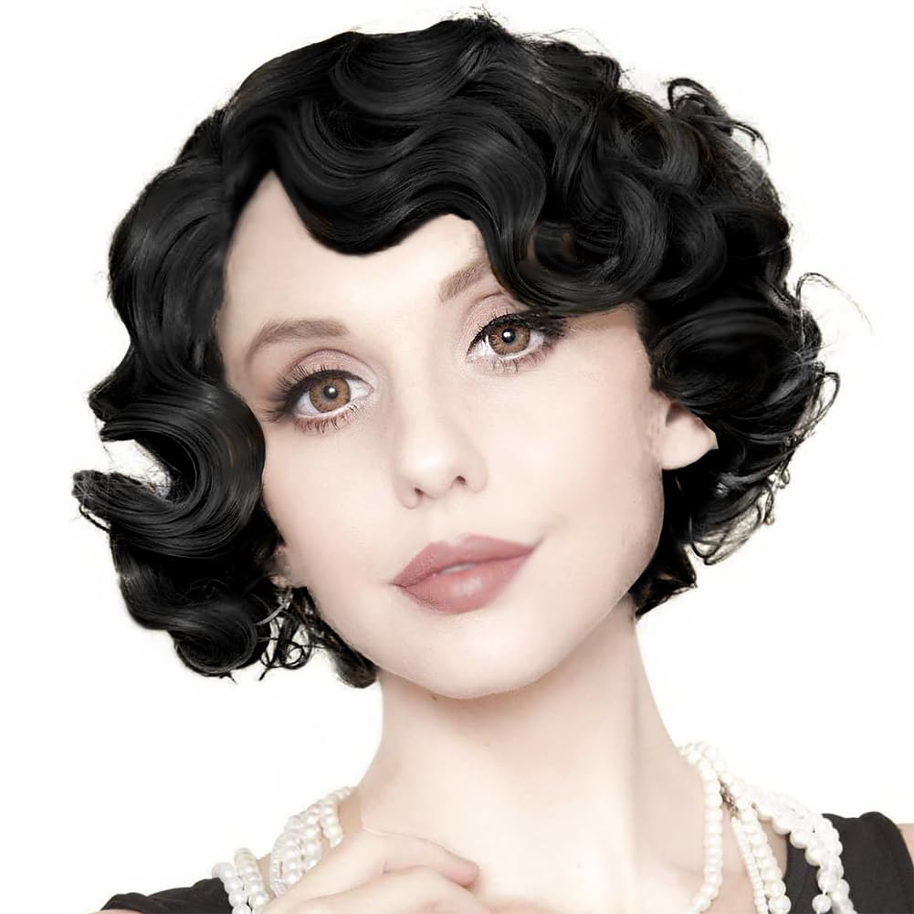 Kaneles short black finger-wave wig with side part for natural daily styling.