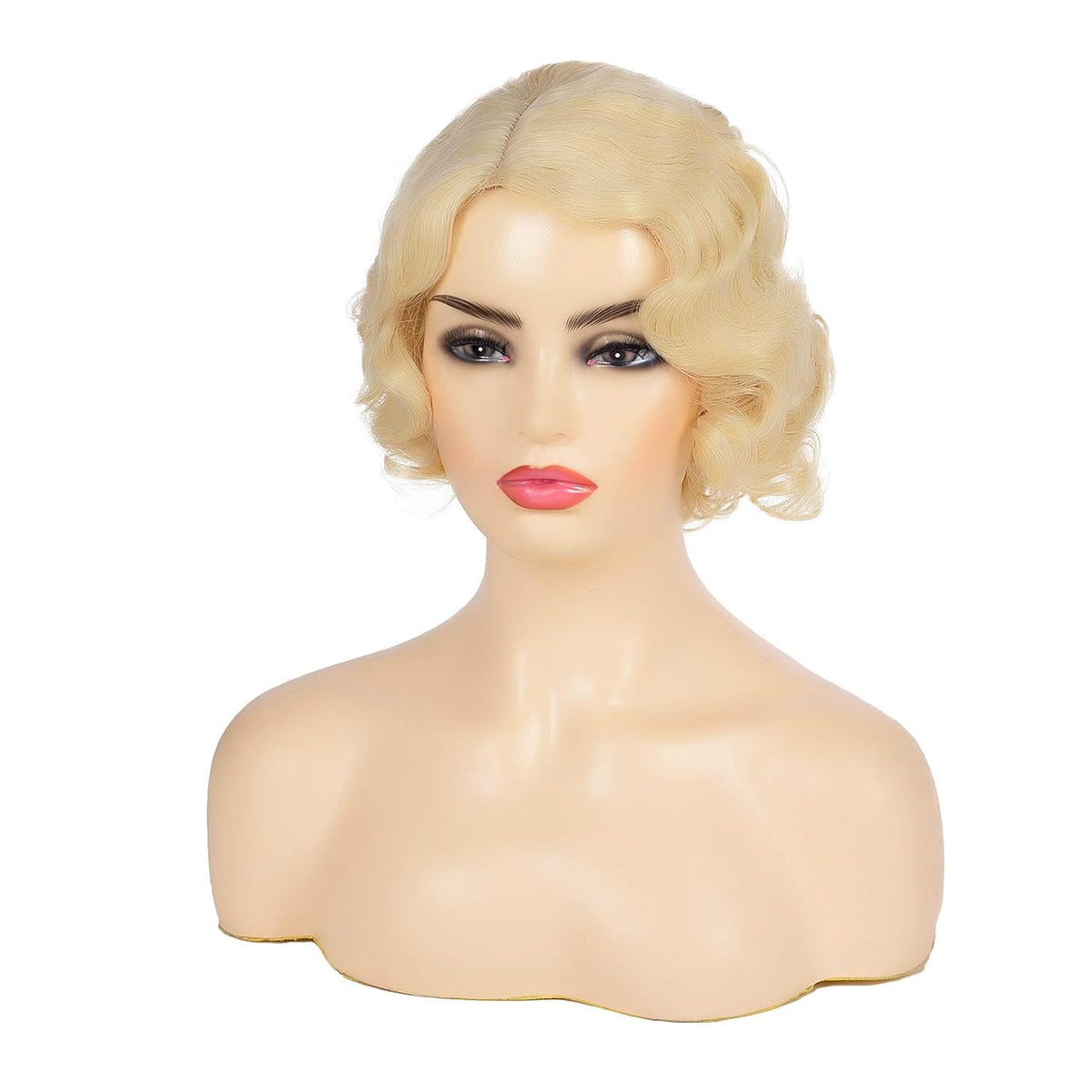 Kaneles Short Blonde Curly Wig back view with breathable cap in view.