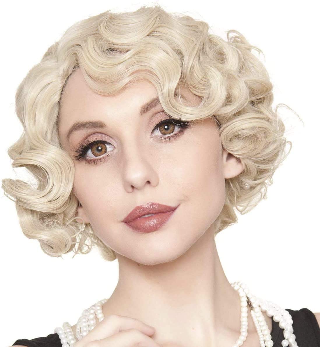 Kaneles Short Blonde Curly Wig front view for 1920s cosplay and daily wear.