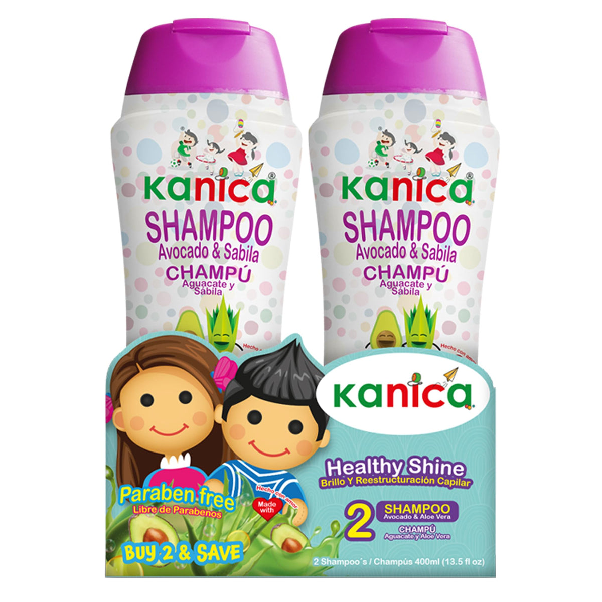 KANICA Kids Shampoo bottle close-up with avocado and aloe for gentle cleansing.