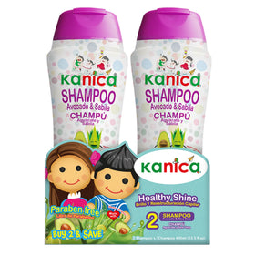 KANICA Kids Shampoo bottle close-up with avocado and aloe for gentle cleansing.