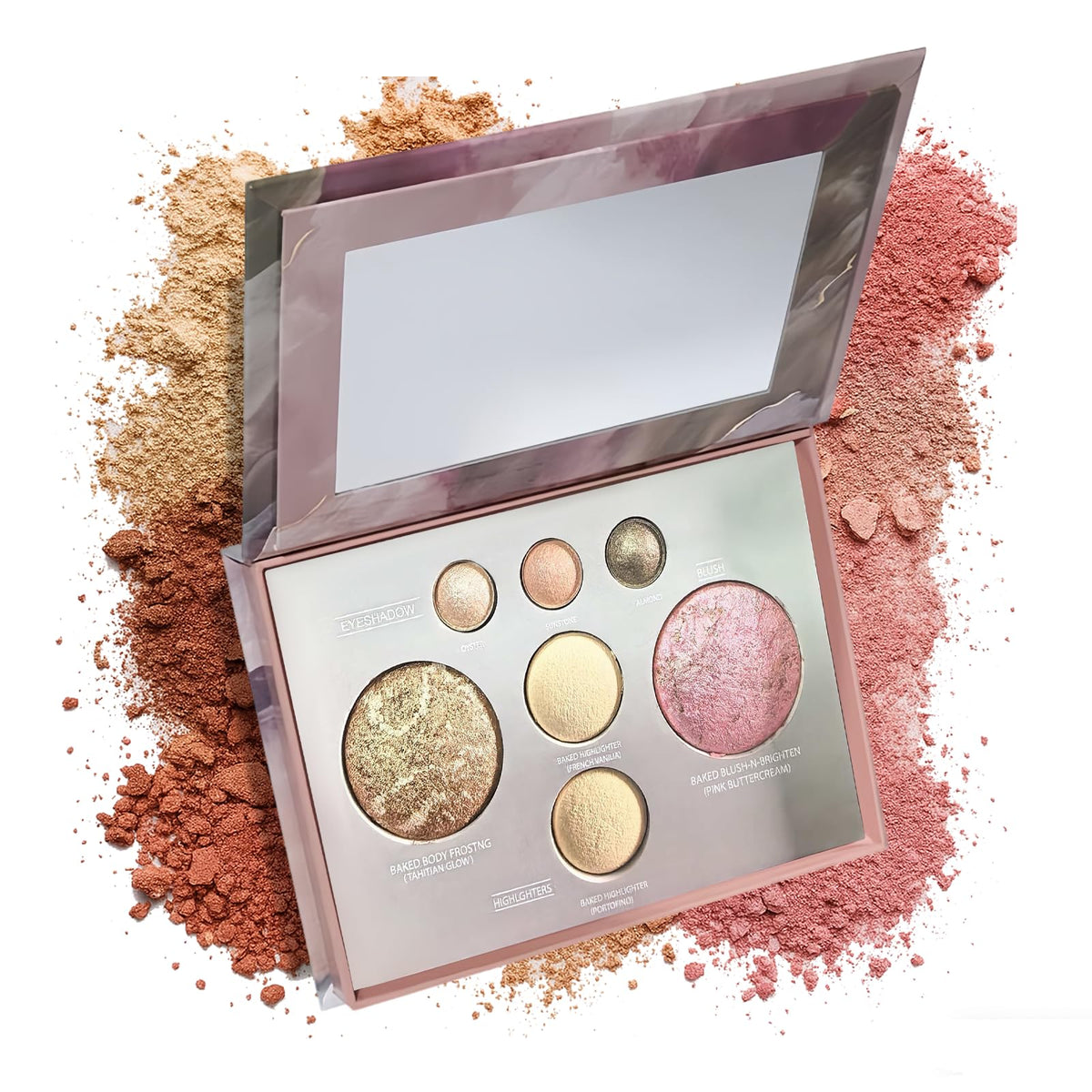 Kapeine all-in-one baked palette open, compact for travel-ready makeup.