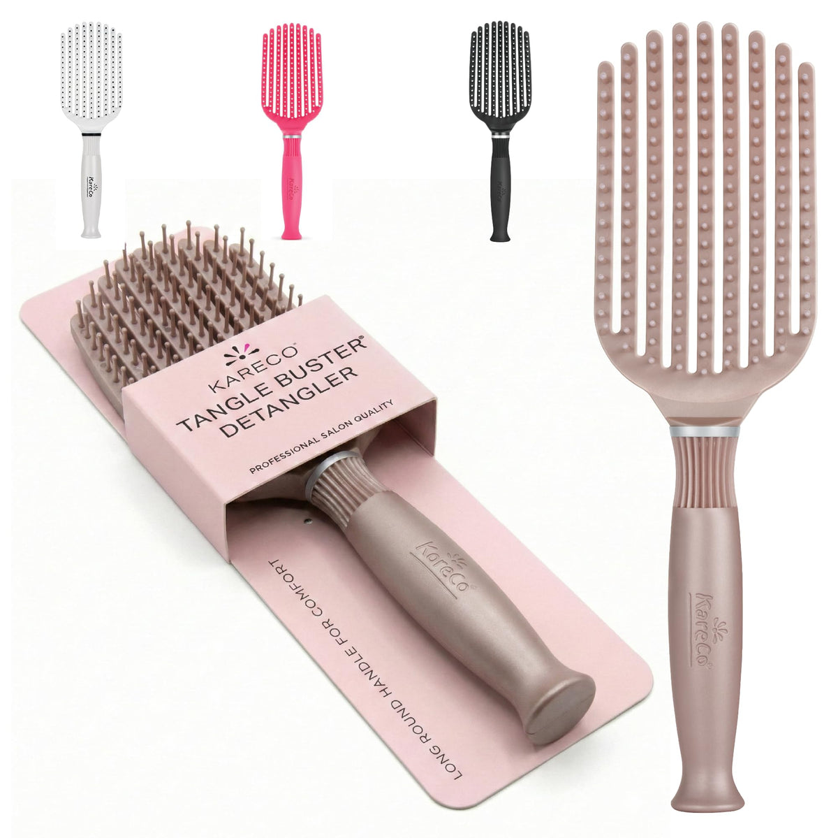 KareCo Premium Tangle Buster Brush front view shows compact design for effortless detangling on wet or dry hair