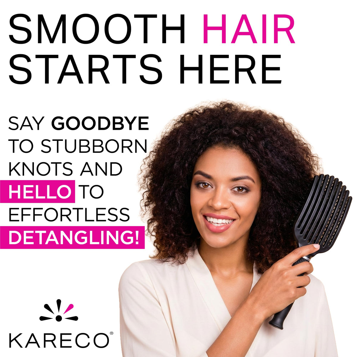 KareCo Premium Tangle Buster Brush handle grip demonstrates non-slip comfort for secure styling
