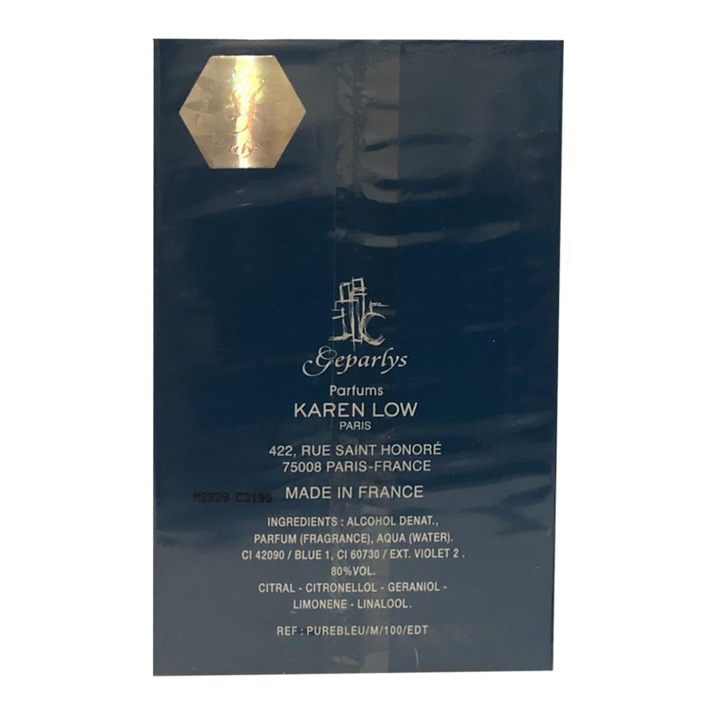 Karen Low Pure Blue eau de toilette splash showing fresh, wearable fragrance.