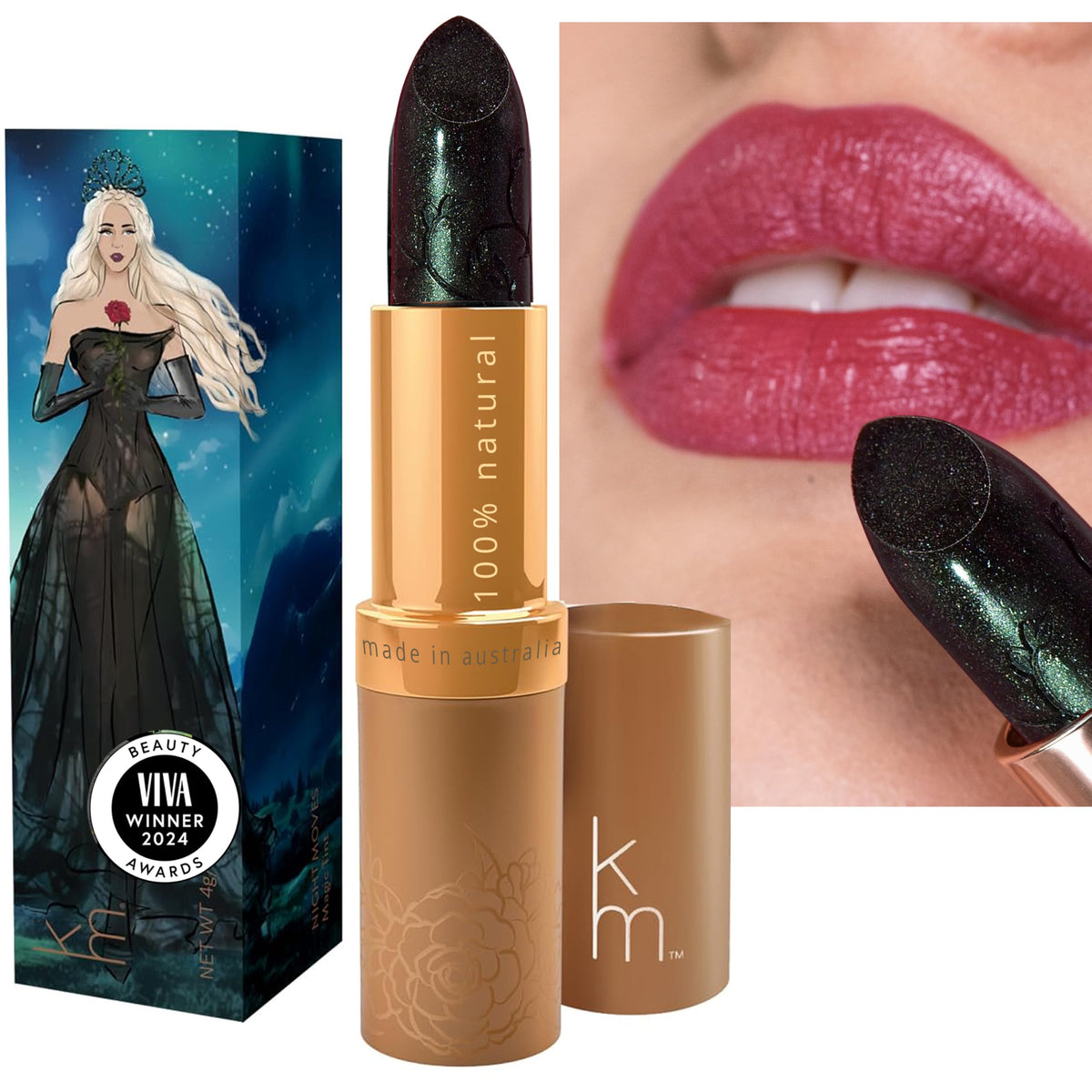Karen Murrell Night Moves lipstick tube shows color-changing tint for a personalized lip look