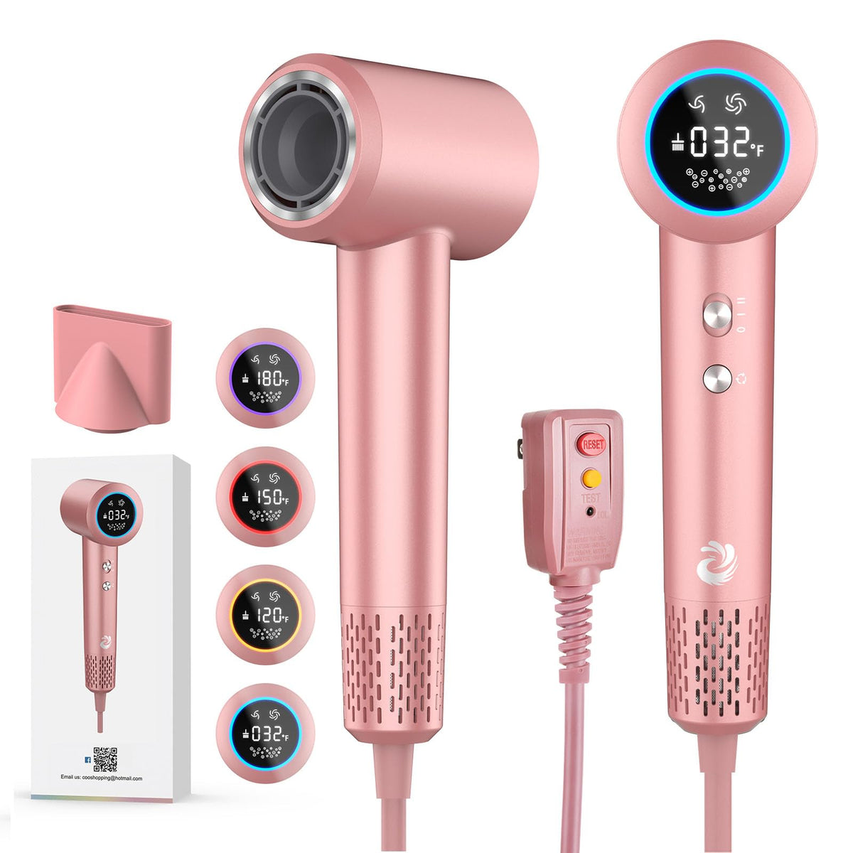 KARFUN Hair Dryer rose gold front view with LED display for easy temperature control.