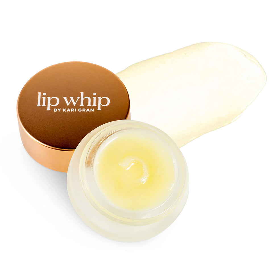 Kari Gran Lip Whip glossy sheen on lips for hydrated look and feel.