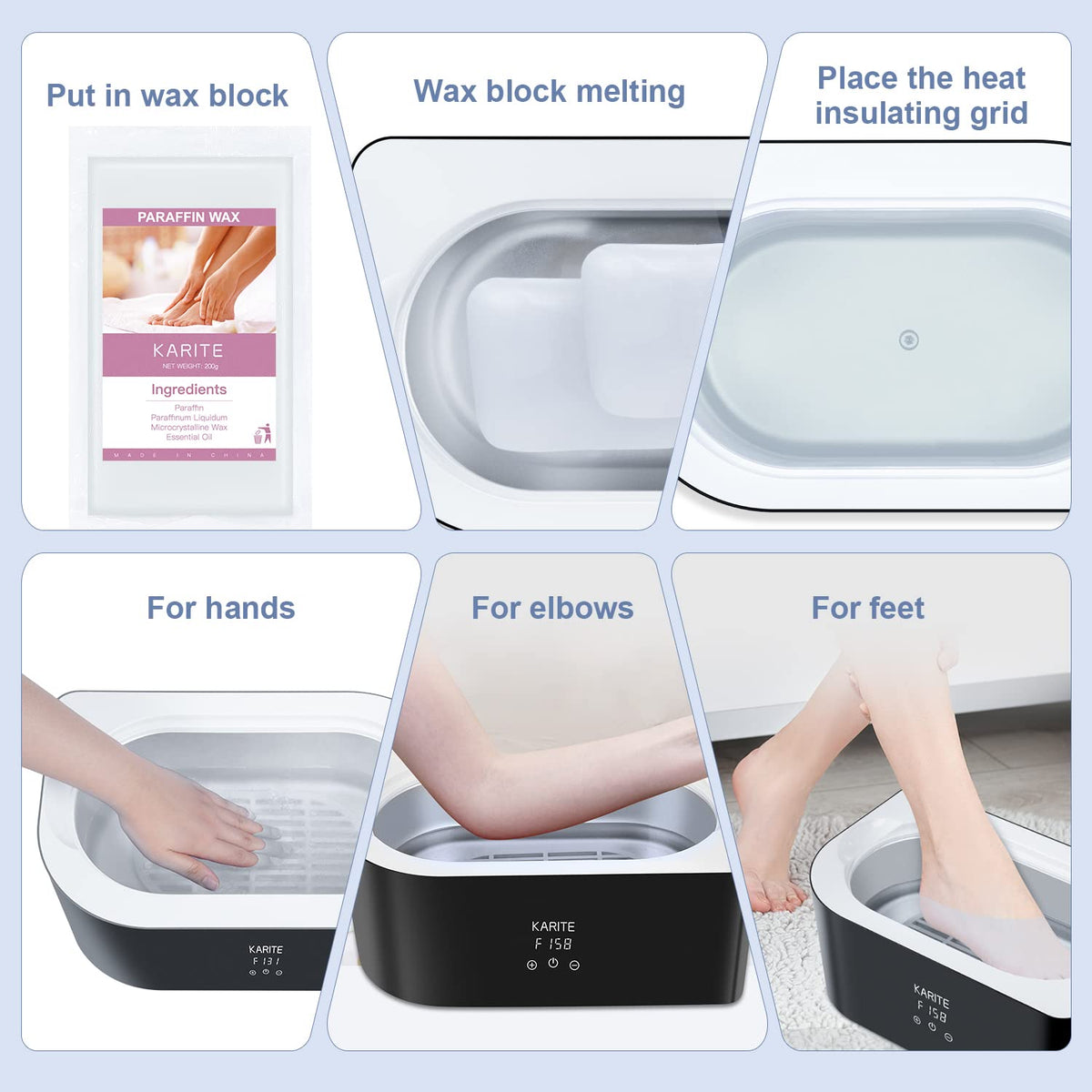 Karite paraffin bath compatibility image illustrating safe use with heaters.