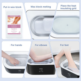 Karite paraffin bath compatibility image illustrating safe use with heaters.