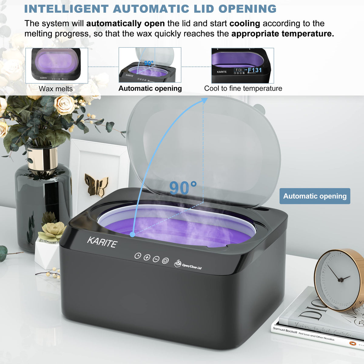 Karite paraffin wax machine melts wax in about 20 minutes for quick at-home spa sessions.