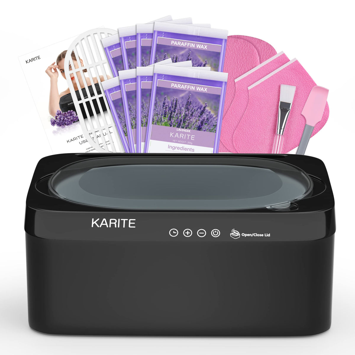 Karite paraffin wax machine with auto-open lid for faster sessions and ease of use.