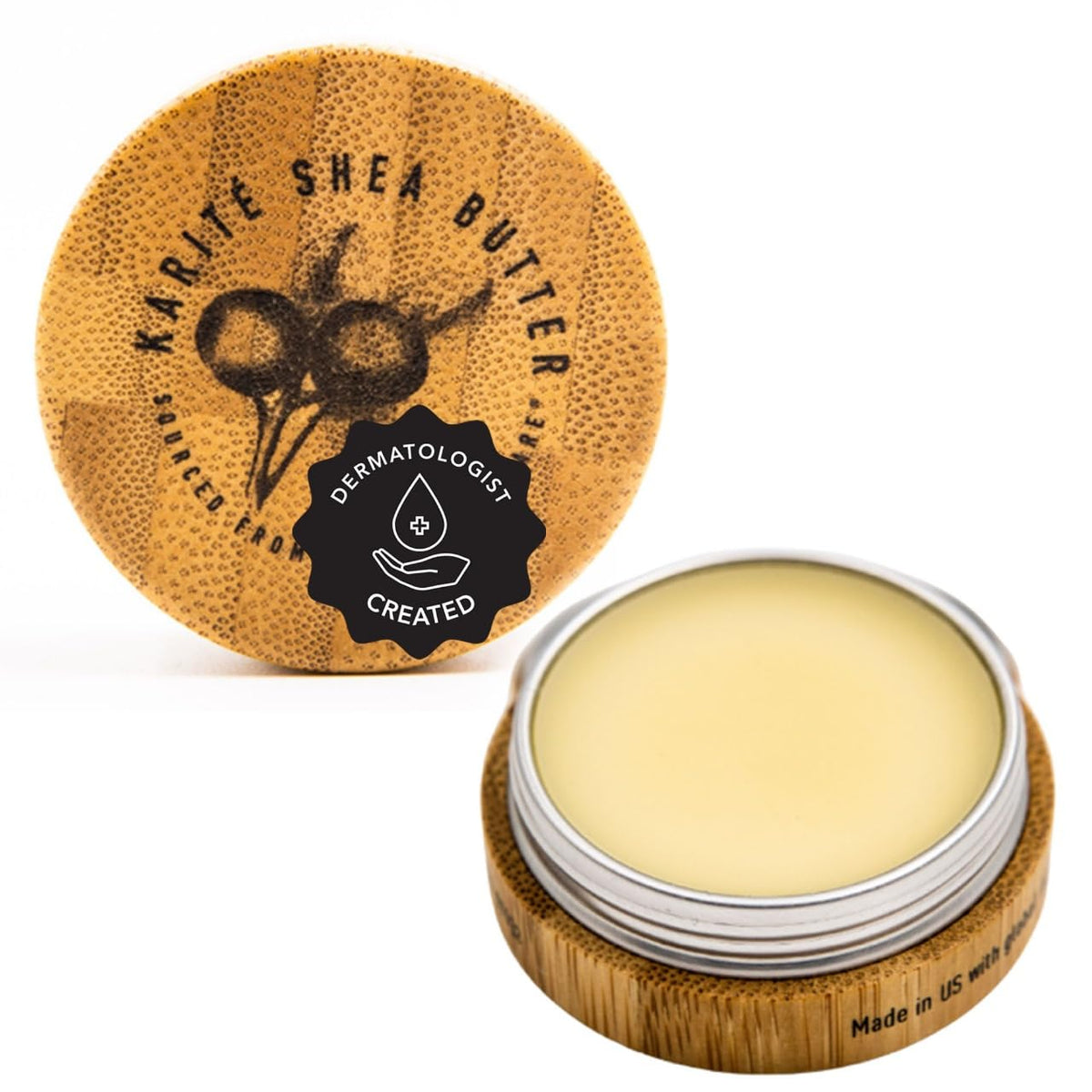 Karité Lip Balm tin in use, providing long-lasting hydration for dry lips.
