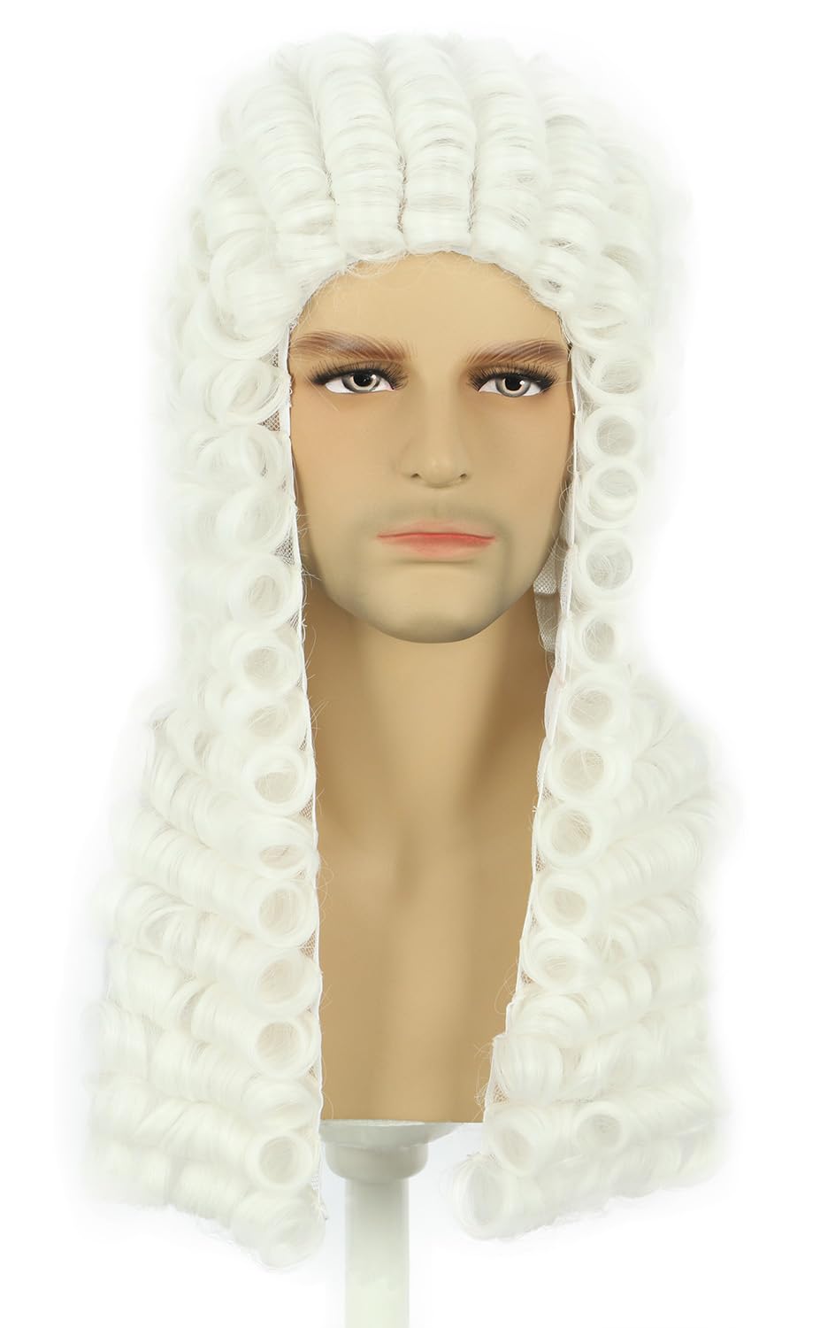 Karlery long curly white wig for Halloween costumes, dramatic volume and facial framing
