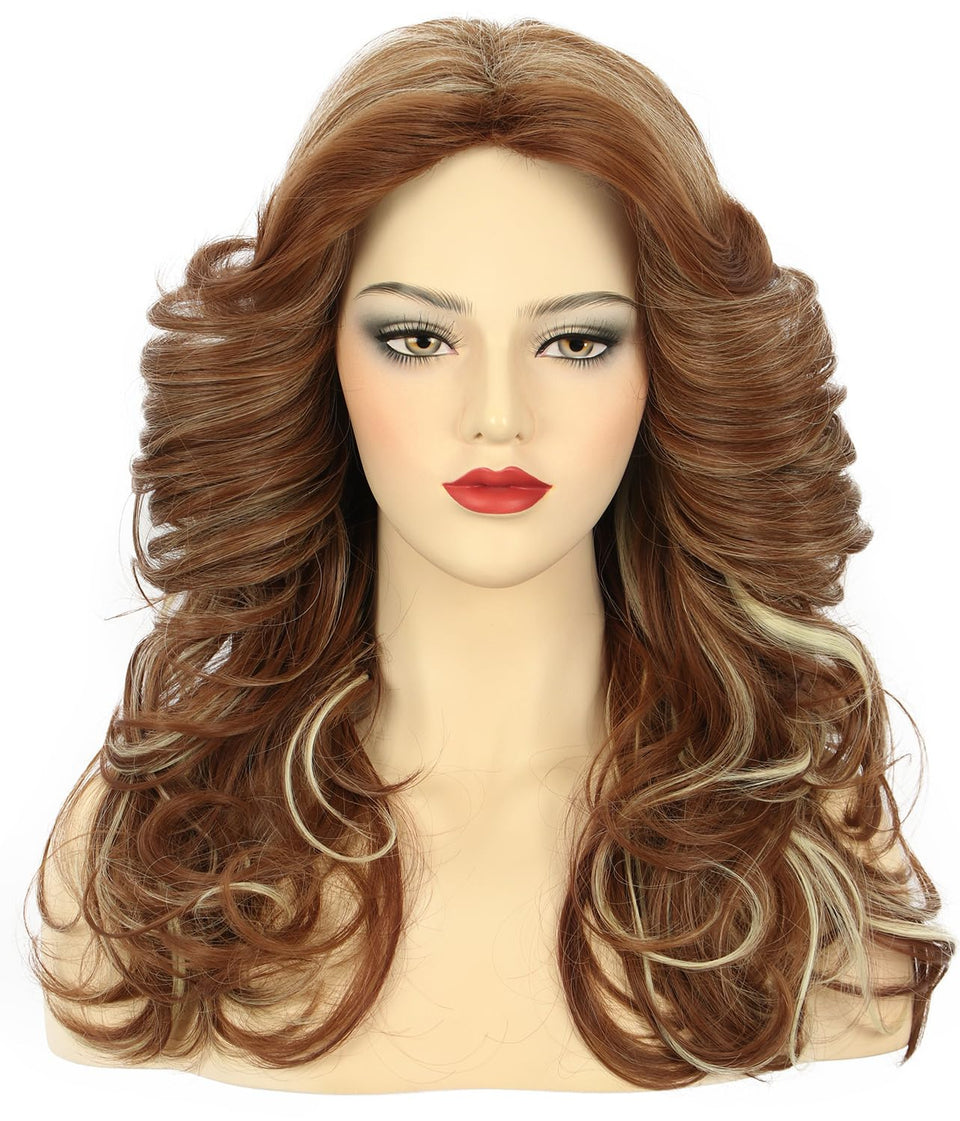 Karlery 70s feathered wig with long brown waves for retro party looks