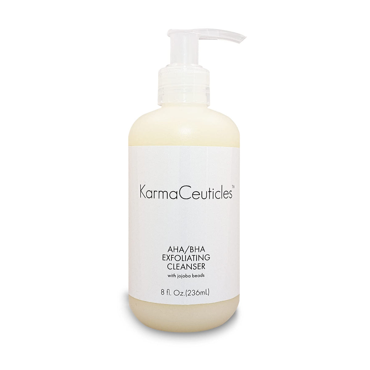KarmaCeuticles AHA/BHA cleanser bottle top view highlights gentle exfoliation
