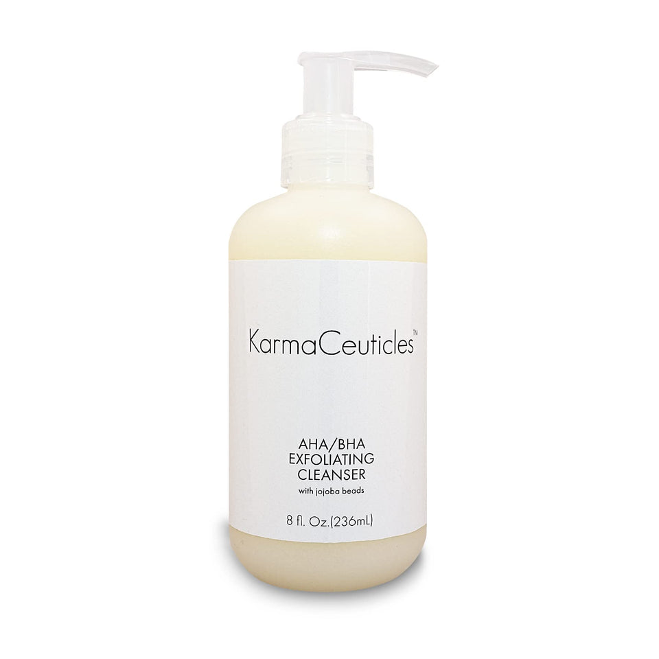 KarmaCeuticles AHA/BHA cleanser bottle top view highlights gentle exfoliation