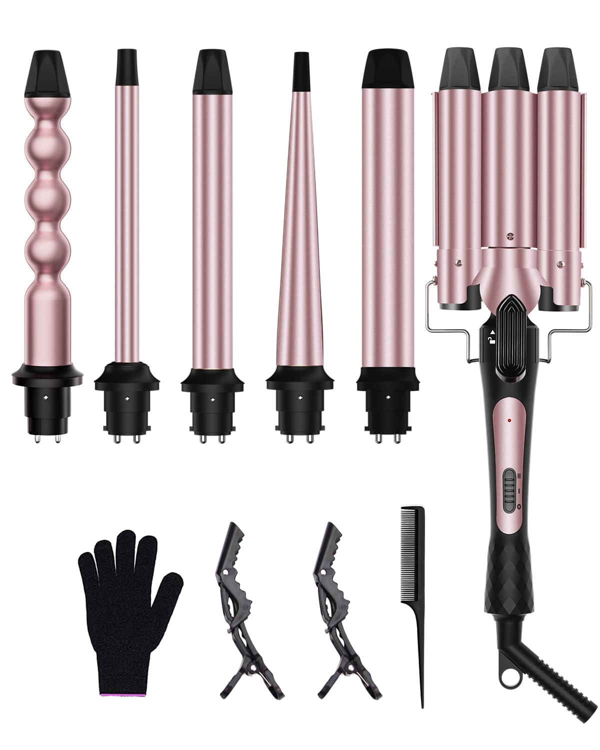 Karrong 6-in-1 curling iron set displayed with all barrels for versatile styling.