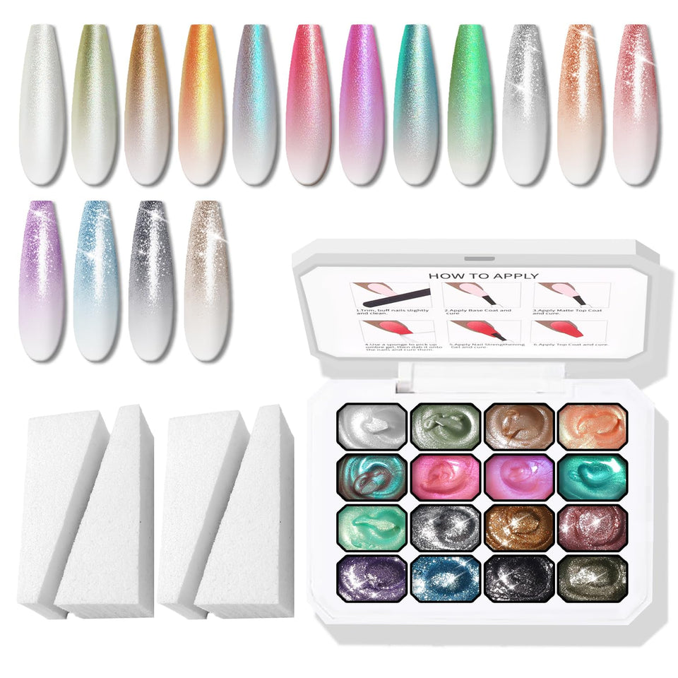 Karroy Glitter Pat Gel Palette with 16 swatches for vibrant gradient nails