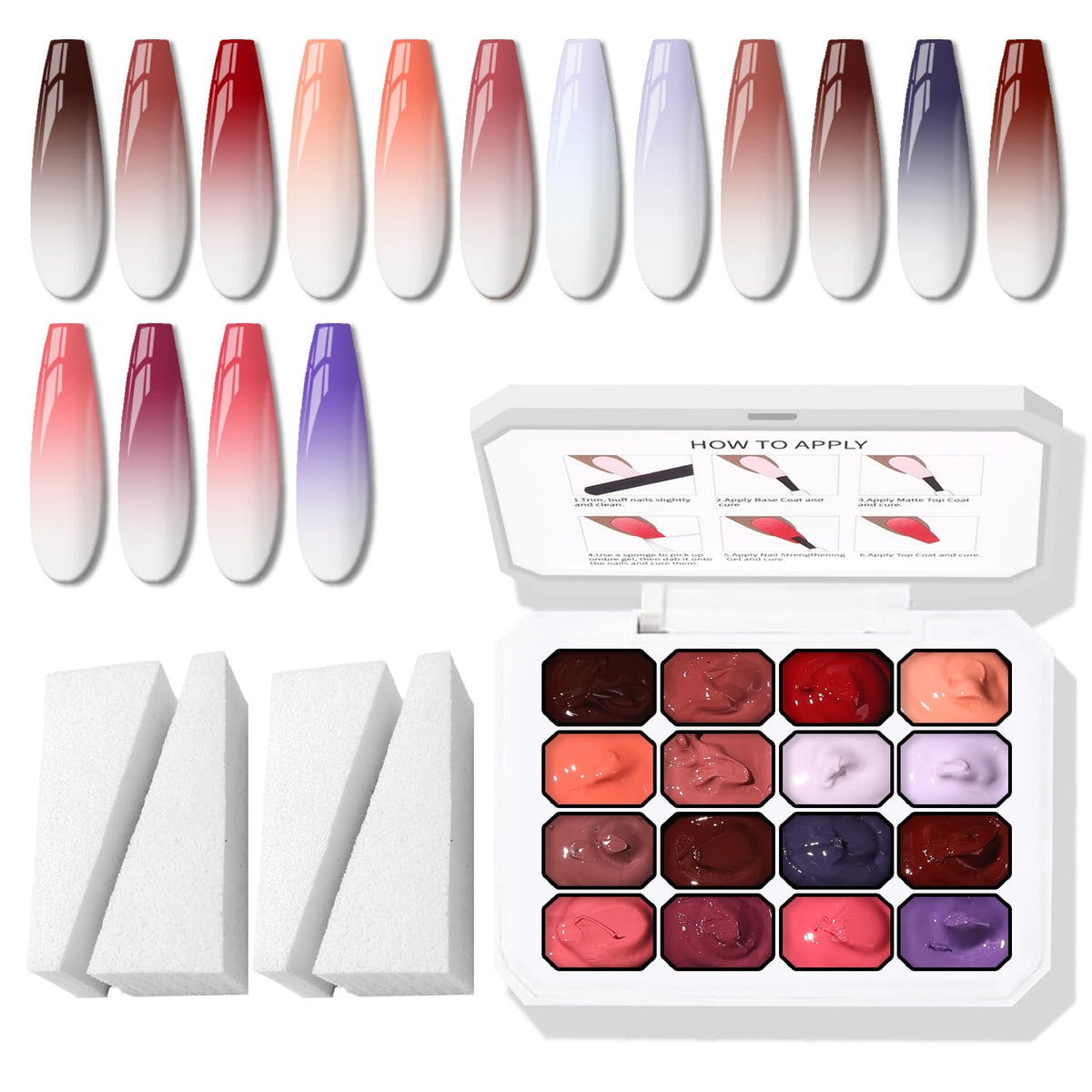 Karroy sponge pat gel nail palette with 16 colors for smooth ombre nails