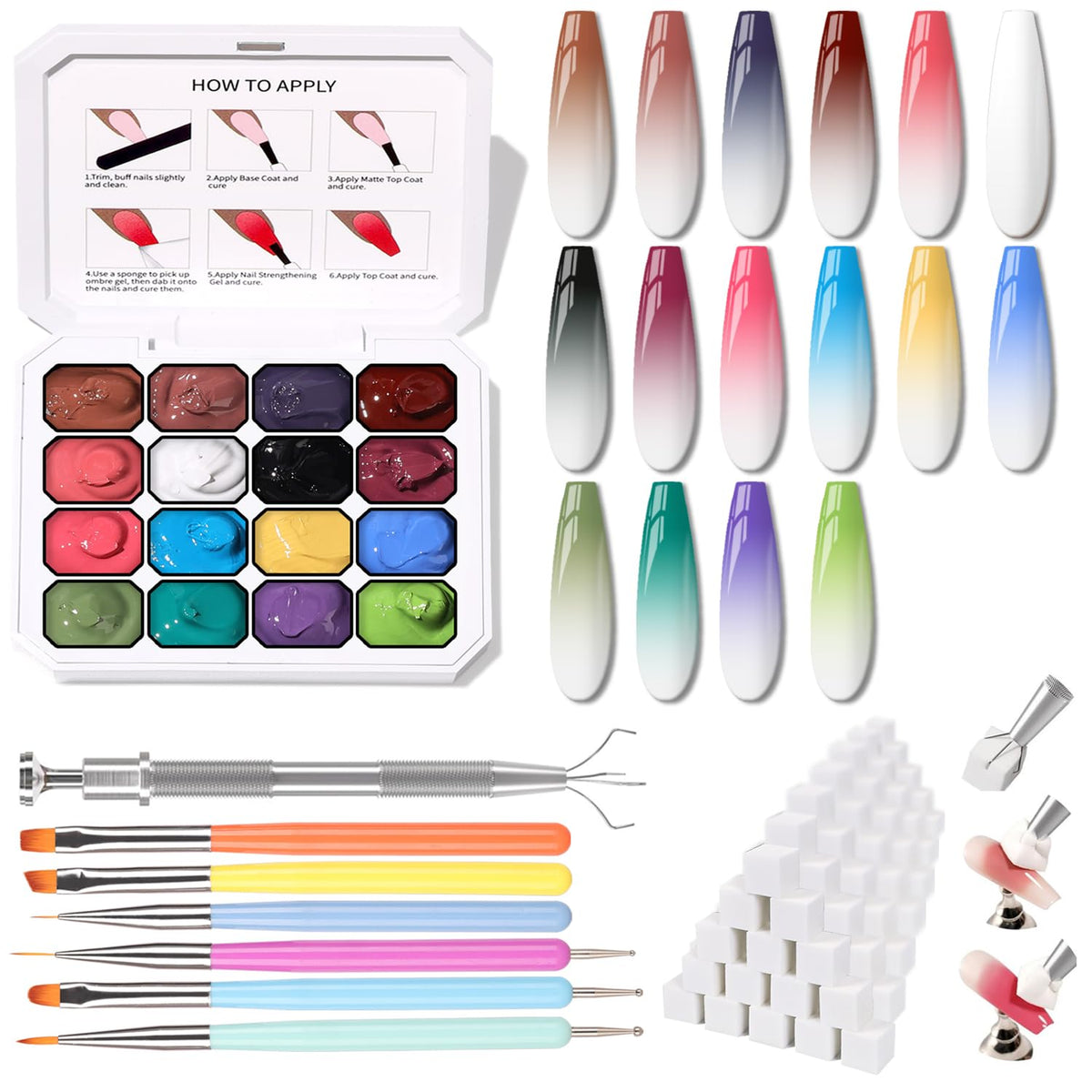 Karroy sponges pat gel nail polish palette for smooth ombre application.