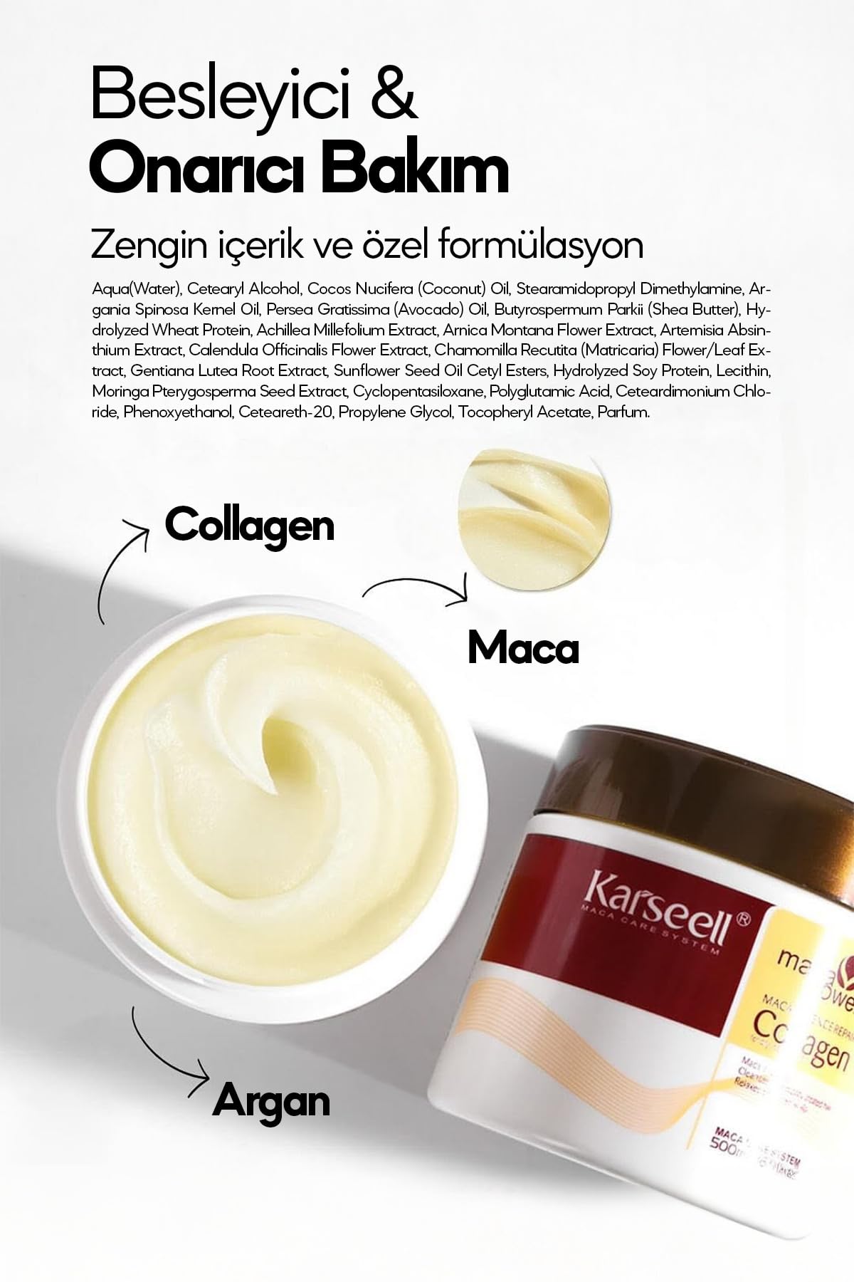 Karseell Hair Mask ingredients label highlights vegan formula for frizz control.