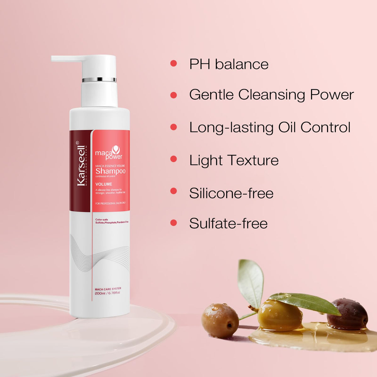 Karseell Volume Shampoo label close-up with pH balanced and cruelty-free highlights.